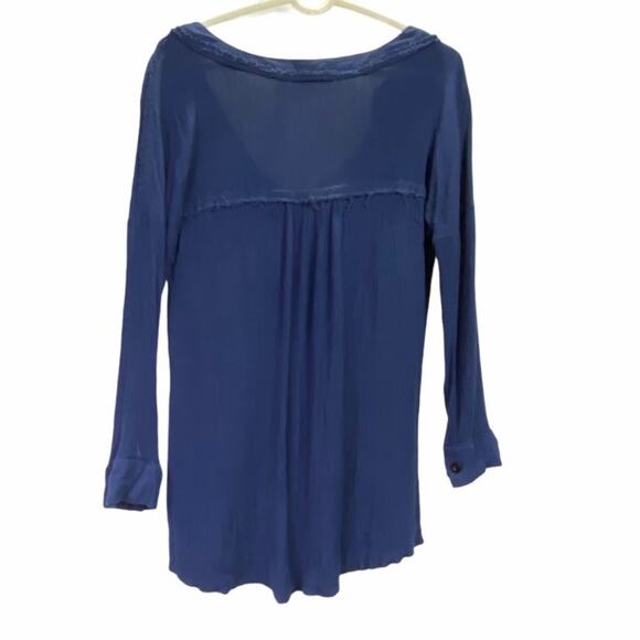 Zaful Navy Blue Distressed Semi-Sheer Boho Top Tunic Shirt Tassels Size Large - Picture 2 of 11